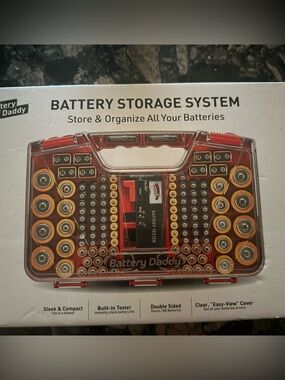 Battery Storage System - Red/Orange Organizer with Built-In Tester